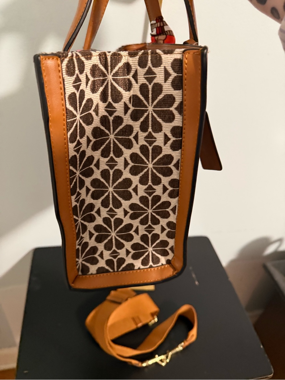 kate spade Brown Floral Canvas Tote with Pink & Olive Center Stripe and Tan Trim - Picture 7 of 14